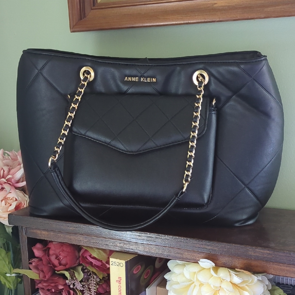 Anne Klein Black Quilted Shoulder Bag W/ Matching Crossbody Clutch